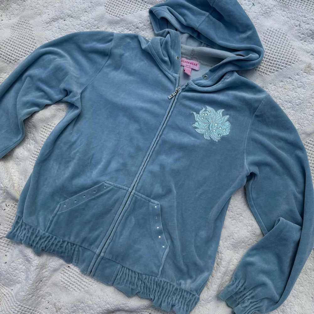 Vtg Y2K Silverwear Velour Zip Up Hoodie Blue Rhinestone Paisley Petite PL